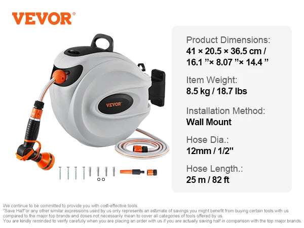 Zatahovací naviják hadice VEVOR 82 stop x 1/2 palce 180° otočná konzola nástěnný naviják zahradní vodní hadice s tryskou s 9 vzory