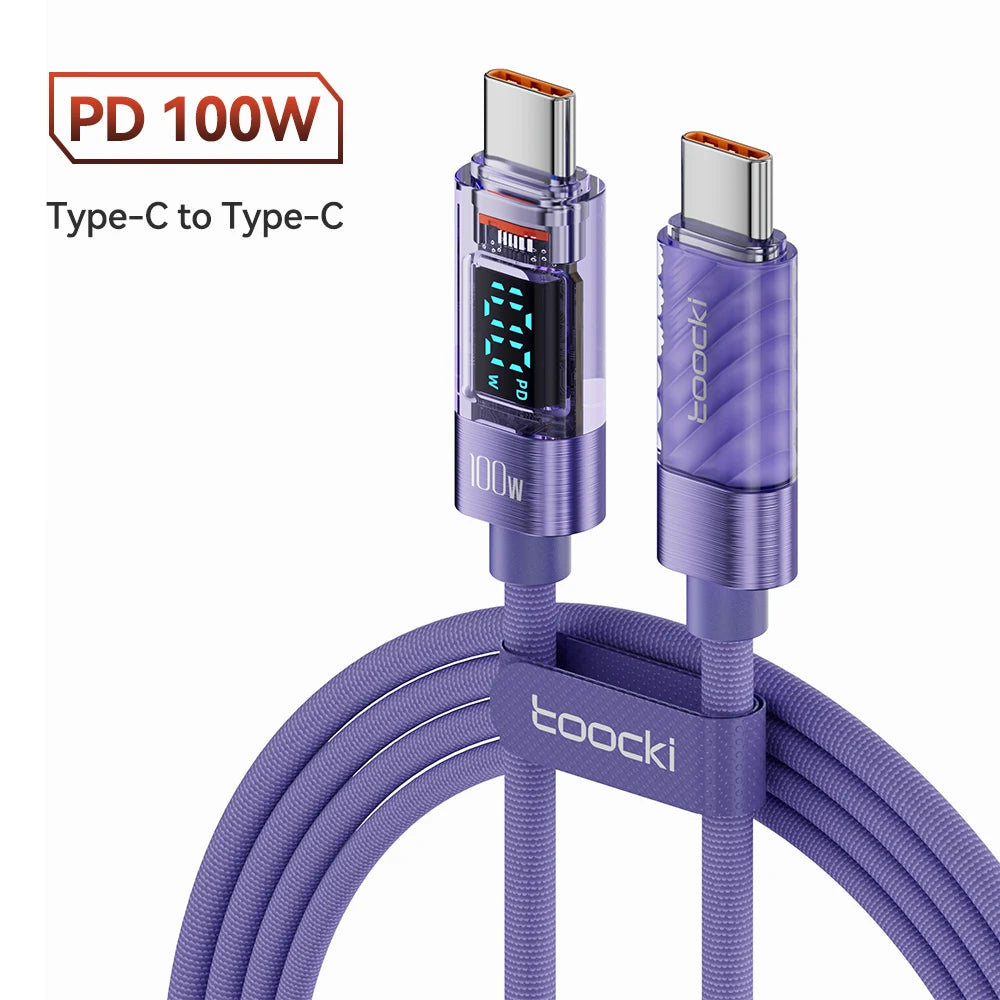 Kabel Toocki Type C to Type C 100W PD Display Rychlonabíjecí nabíječka USB C to USB C Transparentní kabel pro Xiaomi Macbook