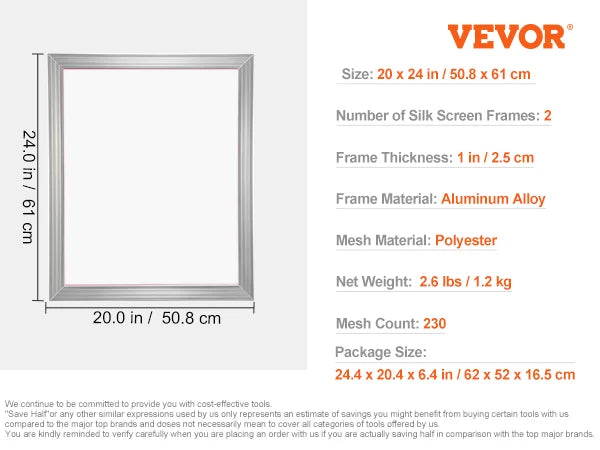 Sada pro sítotisk VEVOR 20x24inch Hliníkové rámy pro sítotisk Rám pro sítotisk s vysoce napnutou nylonovou síťovinou