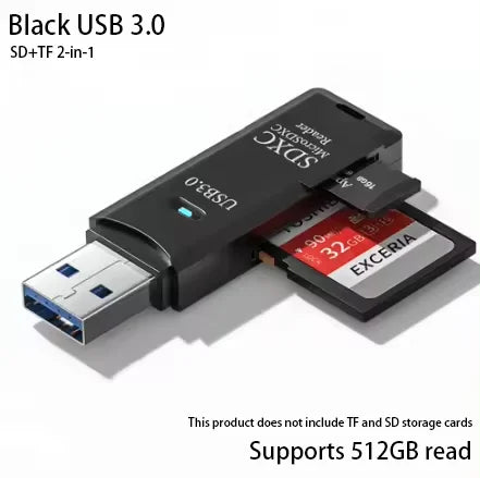 Multifunkční vysokorychlostní čtečka karet 2 v 1 USB 3.0/2.0 Podporuje počítač TF+SD, fotoaparát tabletu, notebook, montáž do auta
