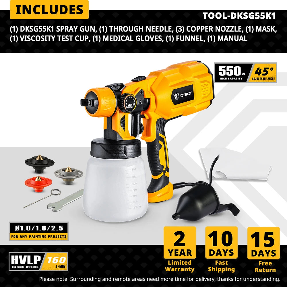 DEKO DKSG Series HVLP stříkací pistole Lakování Elektrické vysokotlaké airbrush nástroje Baterie AC/DC akumulátorové stříkací zařízení pro snadné malování