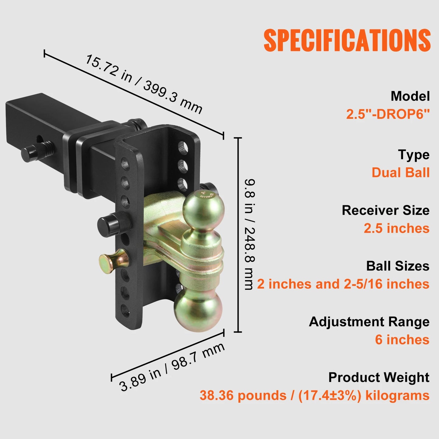 VEVOR Nastavitelný držák koule tažného zařízení 2'' Přijímač 6''Drop Drowith Přijímač Pevná trubka Ocelové tažné koule pro tažení nákladních vozidel