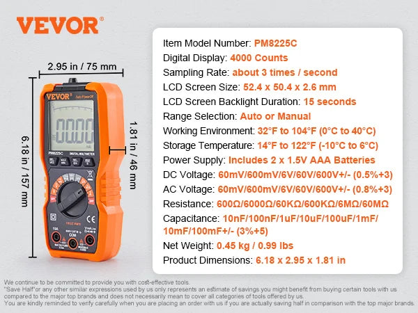 Digitální multimetr VEVOR 4000/6000 Zkoušečka stejnosměrných AC voltmetrů NCV , Ohm Volt Amp Tester pro měření proudu a napětí