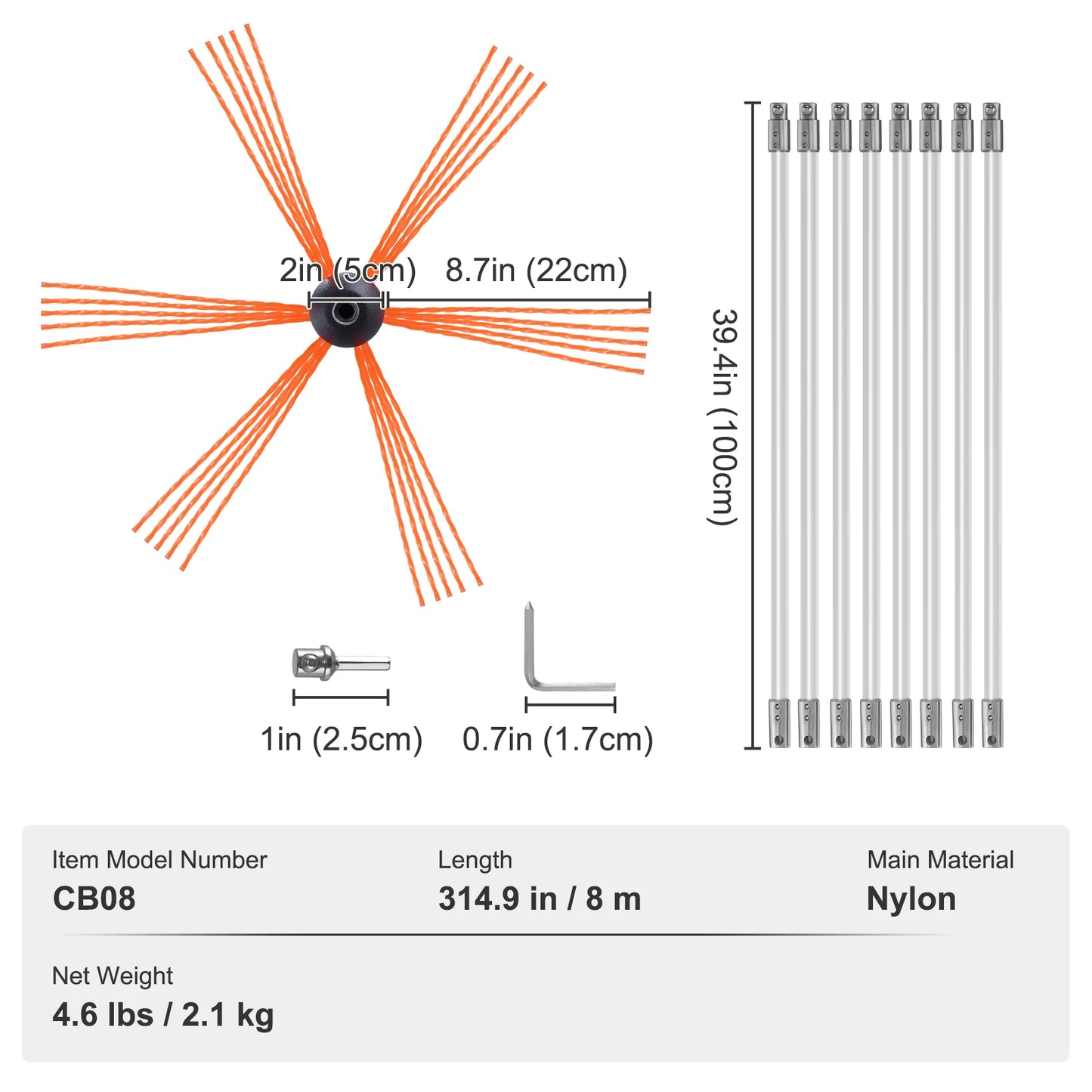 VEVOR 23/26/30/33/39ft sada na čištění komínů s vyztuženými nylonovými pružnými tyčemi Ergonomický kartáč na čištění komínů 360stupňový kartáč