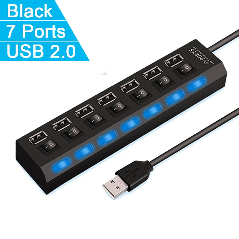 Vysokorychlostní 4/7 porty USB HUB 2.0 Adaptér Expander Multi USB Splitter Multiple Extender s LED vypínačem pro PC Laptop
