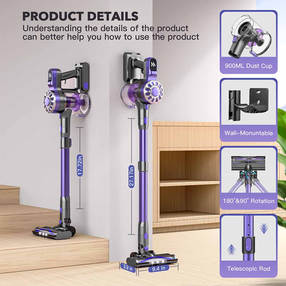 Teendow V07 Cordless Vacuum Cleaner, 12KPa Powerful Suction, 30min Runtime, 2200mAh Battery, 0.9L Dust Cup, 5-Stage Filtration, Wall-Mounted Design for Hard Floors & Carpets