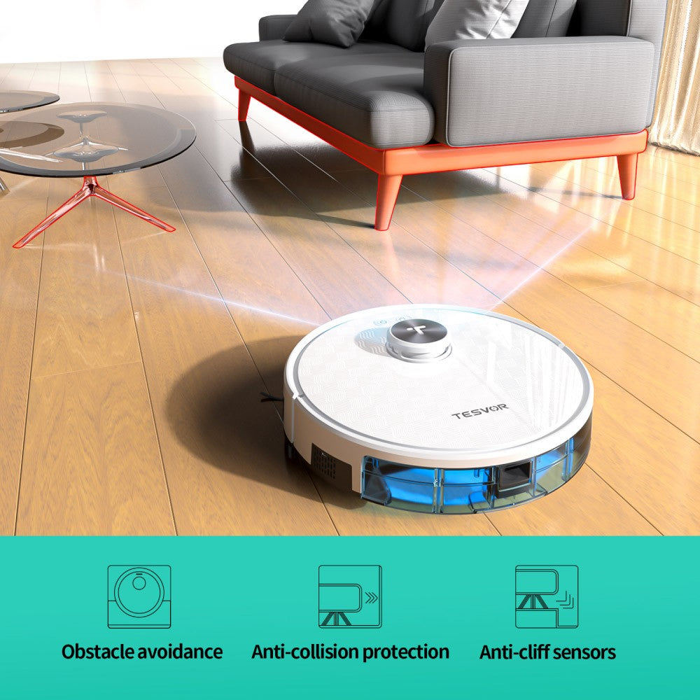 Tesvor S7 Pro Robot Vacuum Cleaner with Mop Function, 6000Pa Suction, Laser Navigation, 600ml Dustbin, 180Mins Runtime, 150sqm Max Vacuuming Area, App Control / Remote Control - White