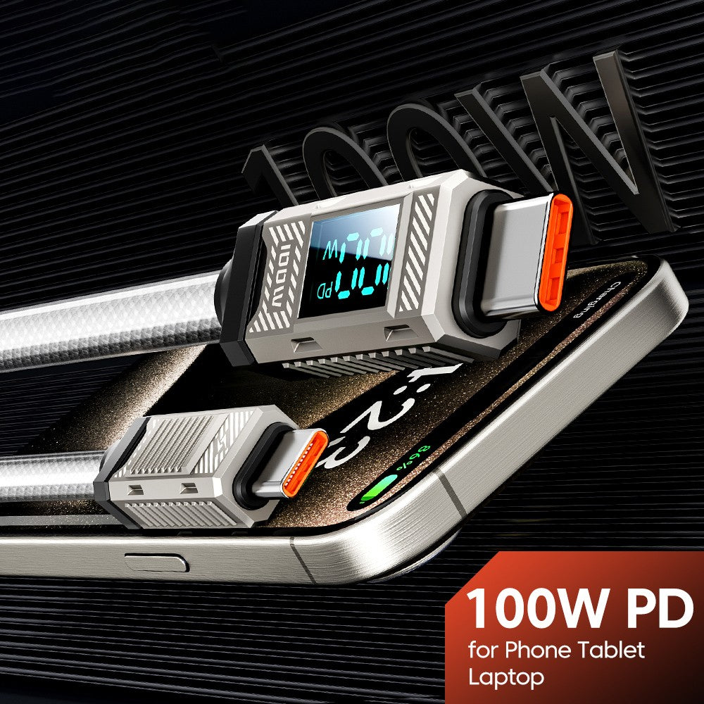 Toocki TXCTT1-ZFZA01 100W Fast Charging Cable, LED Display, Braided Zinc Alloy, 480Mbps Data Transfer, White - 1m