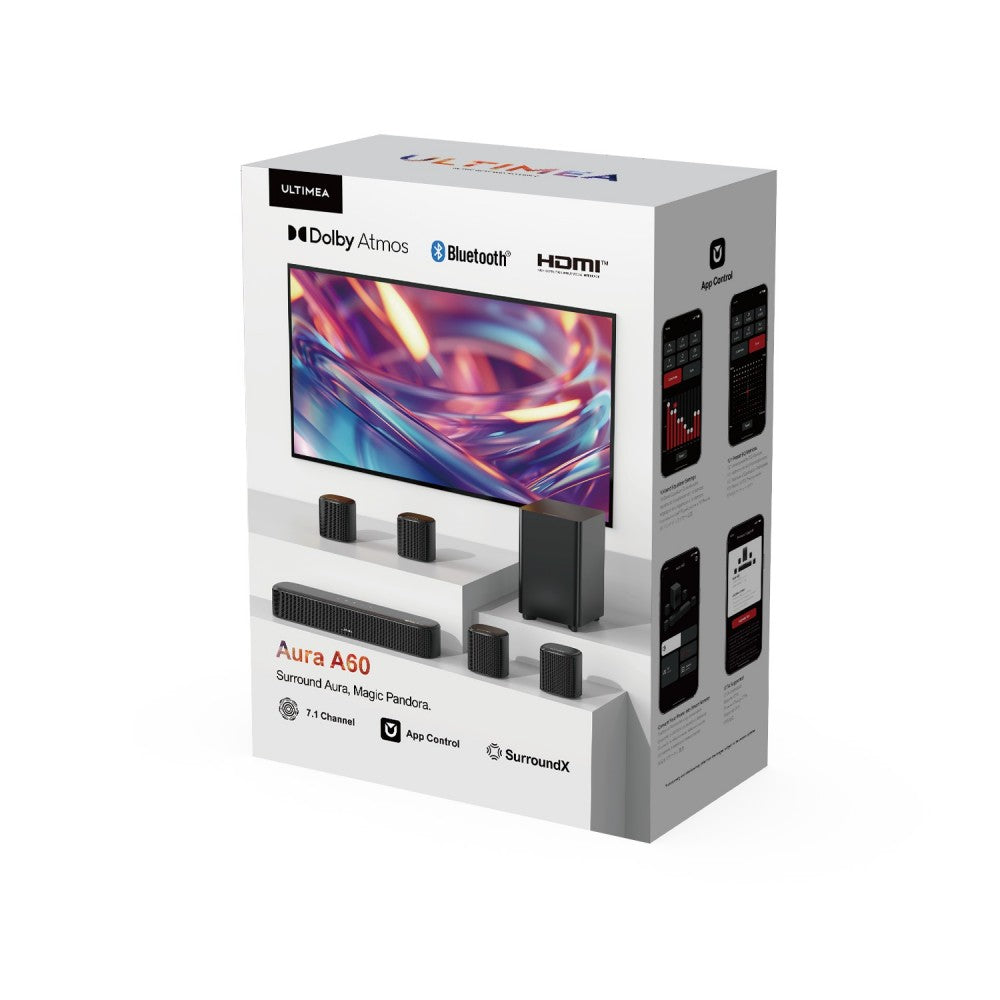 Ultimea Aura A60 7.1 Soundbar, Smart APP & Voice Control, BassMX Technology, 350W Peak Power, HDMI eARC, 4 Surround Speakers, for Smart TV