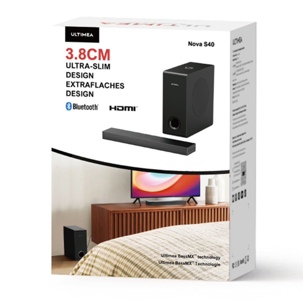 Ultimea Nova S40 Soundbar Subwoofer Kit, 2.1 Channel, BassMax, Remote Control, Bluetooth 5.3 Connection, Wired Subwoofer with Adjustable Bass