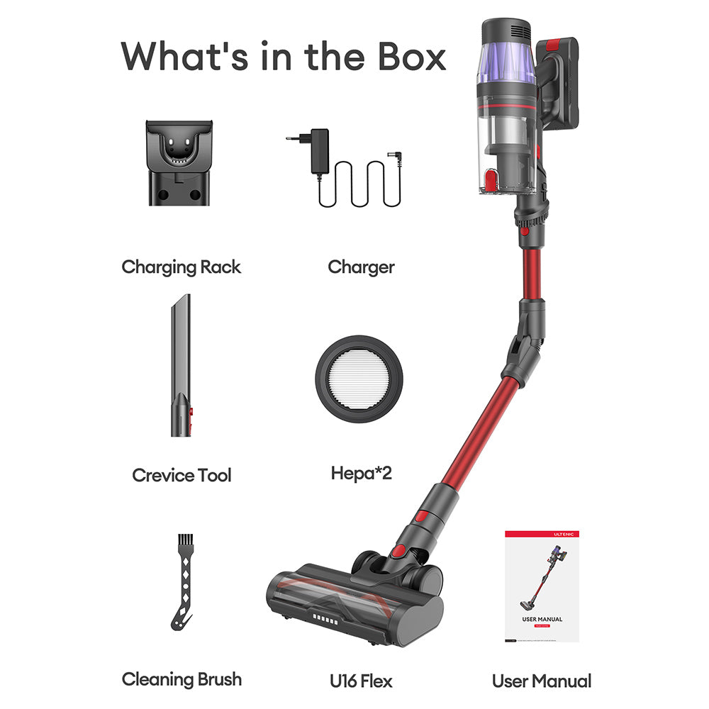 Ultenic U16 Flex Cordless Vacuum Cleaner, 45000Pa Suction, 60mins Runtime, GreenEye Technology, Folding Tube, Anti-Tangle Brush for Carpets, Animal Hair and Hard Floor