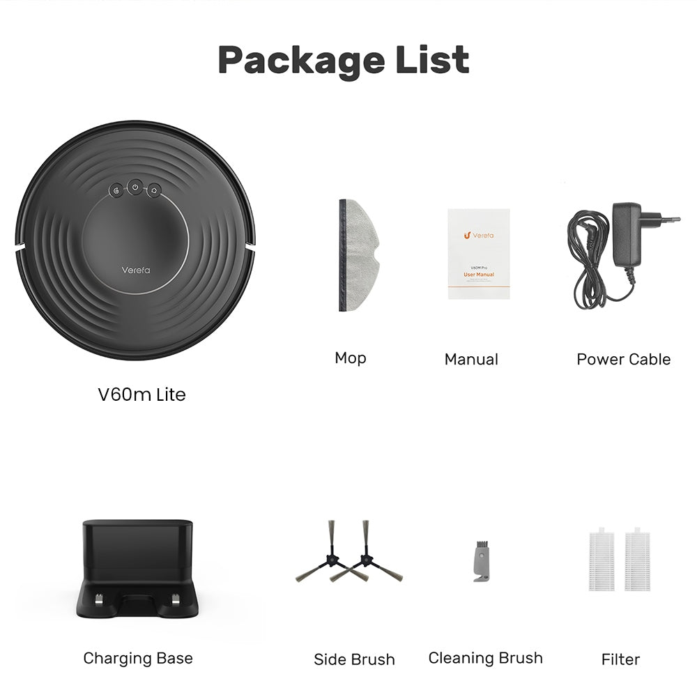 Verefa V60m Lite Robot Vacuum Cleaner, 2700Pa Max Suction, 2 in 1 Vacuuming Mopping, 250ml Dust Box, Max 150 Mins Runtime, App/Voice Control - Black