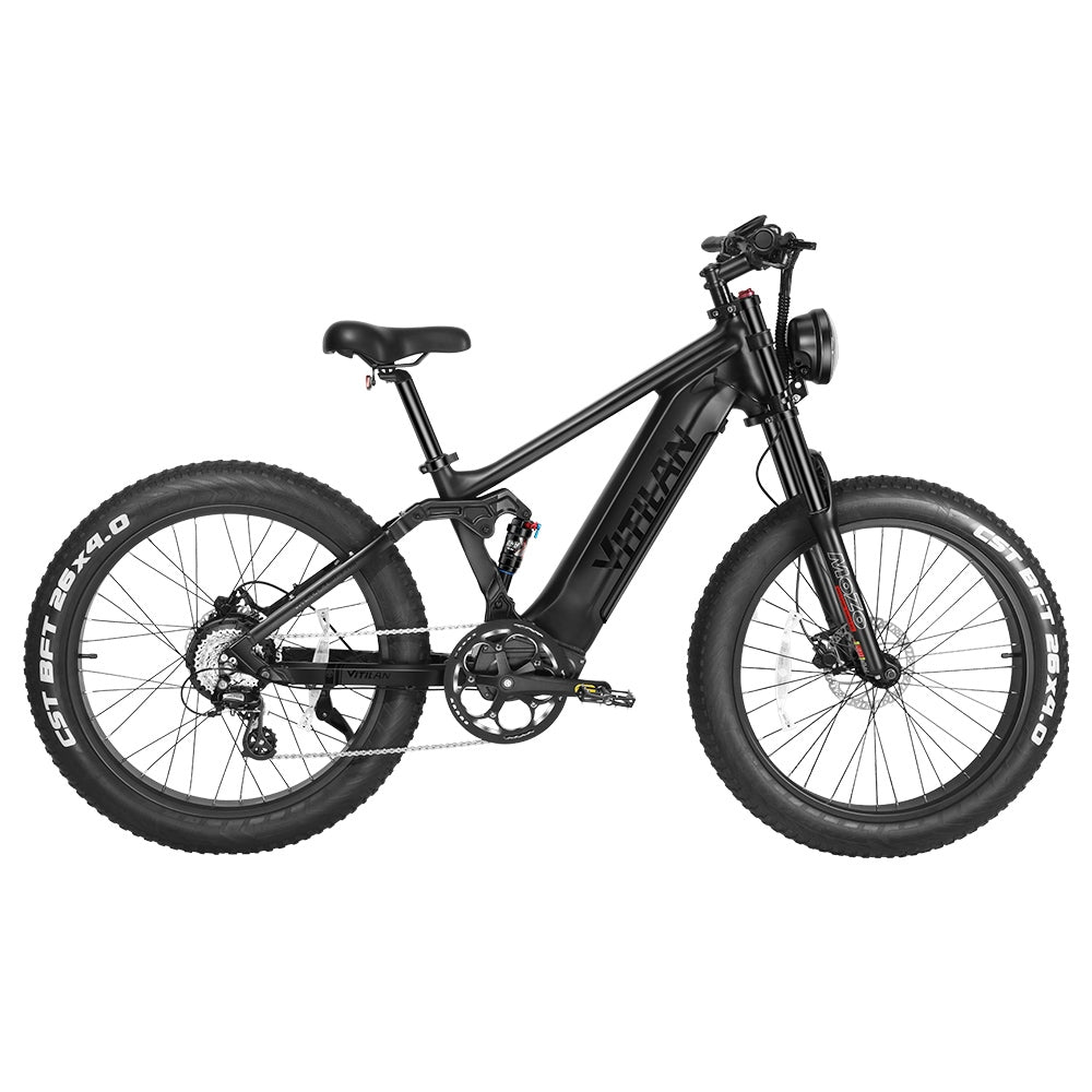 Vitilan T7 Mountain Electric Bike, 26*4.0-inch CST Fat Tires 750W Bafang Motor 48V 20Ah Battery 45 k/h Max Speed 100-120 km Range Backlit LCD Display Front & Rear Hydraulic Disc Brakes SHIMANO 8-Speed - Black