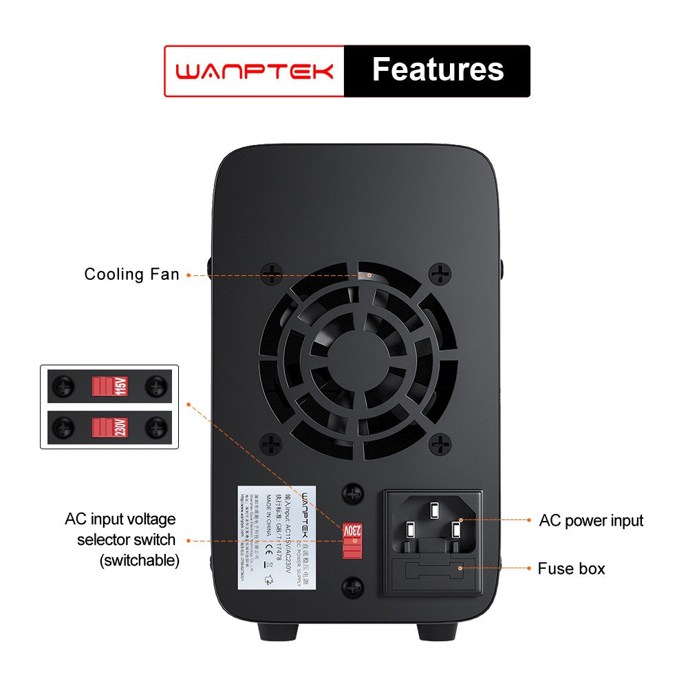 WANPTEK APS1203H Programmable Regulated DC Power Supply, 120V 3A, Storage Memory Function, Encoder Adjustment, USB Fast Charge, 4-Digit Display, Low Ripple, Cooling Fan - UK Plug