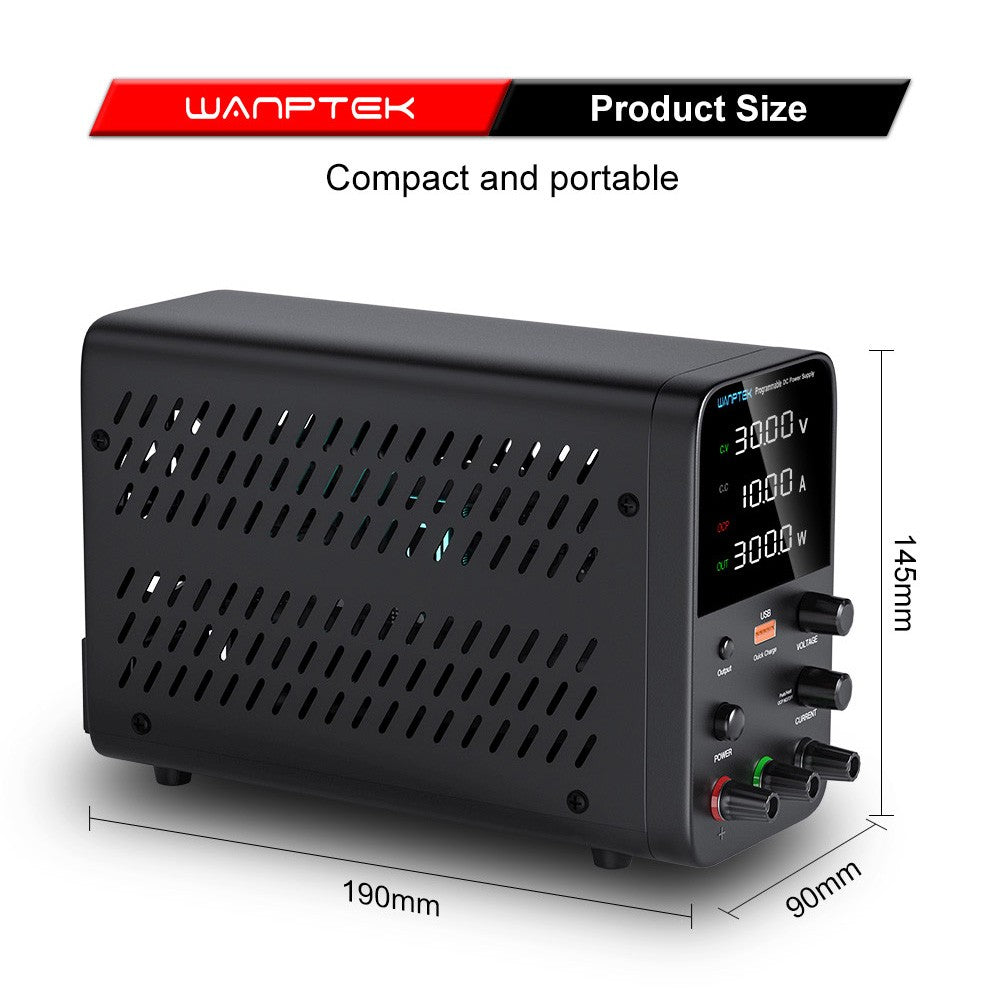 WANPTEK WPS3010 Programmable Regulated DC Power Supply, 30V 10A, Encoder Adjustment, USB Fast Charge, Intelligent Temperature Control, 4-Digit Display, Low Ripple, Low Noise Black - US Plug