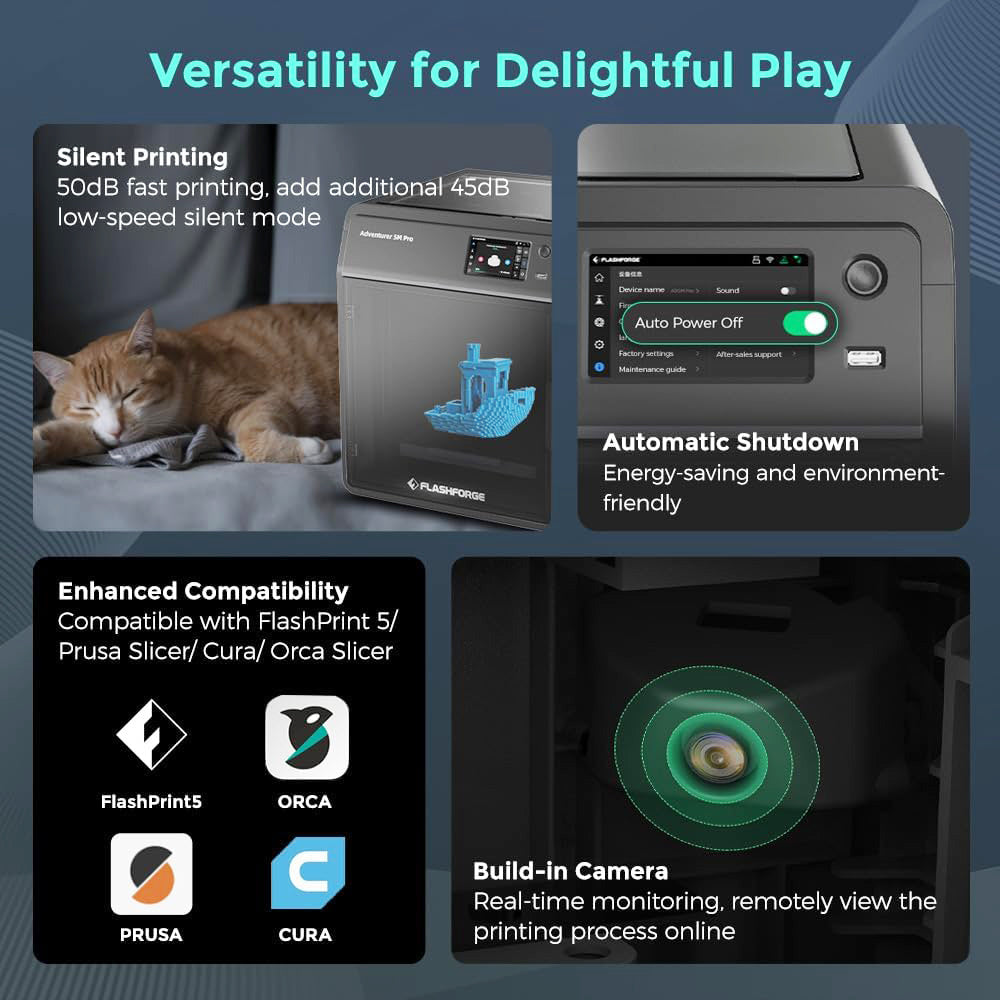Flashforge Adventurer 5M Pro 3D Printer, Auto Leveling, 600mm/s Max Printing Speed, Remote Camera Monitoring, Filament Runout Reminder, Dual Air Filtration System, Automatic Shutdown, 50dB Silent Printing, WiFi Connection, 220x220x220mm