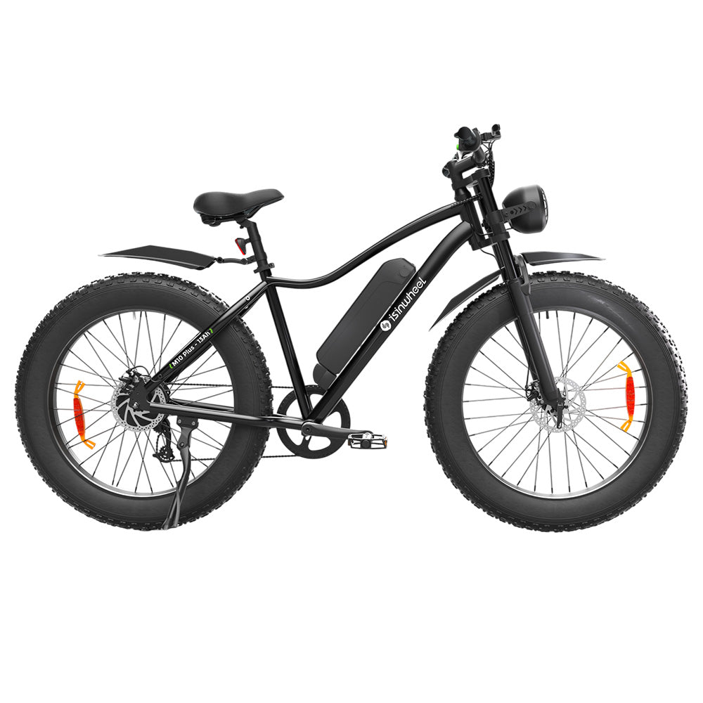 isinwheel M10 Plus Electric Bike, 250W Motor, 48V 13Ah Battery, 26*4.0 inch Tires, 25km/h Max Speed, 100km Range, Front & Rear Disc Brakes, 7 Speed Transmission, Full Suspension - Black