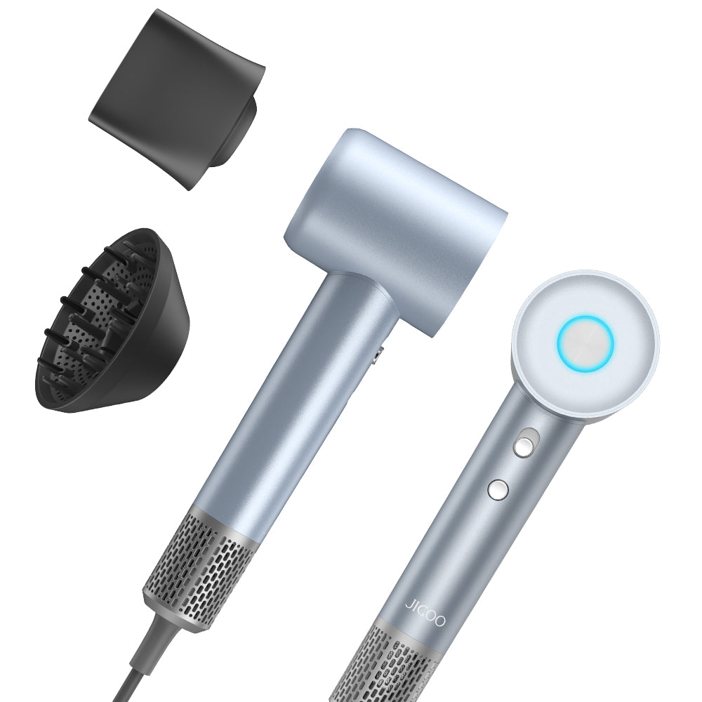 JIGOO H300 1600W High-Speed Professional Hair Dryer, 200 Million Negative Ions, 2 Speed Levels and 4 Heat Settings, 110000rpm Brushless Motor, Low Noise, 3-Color Light Ring With 2 Nozzles For Home/Salon/Travel