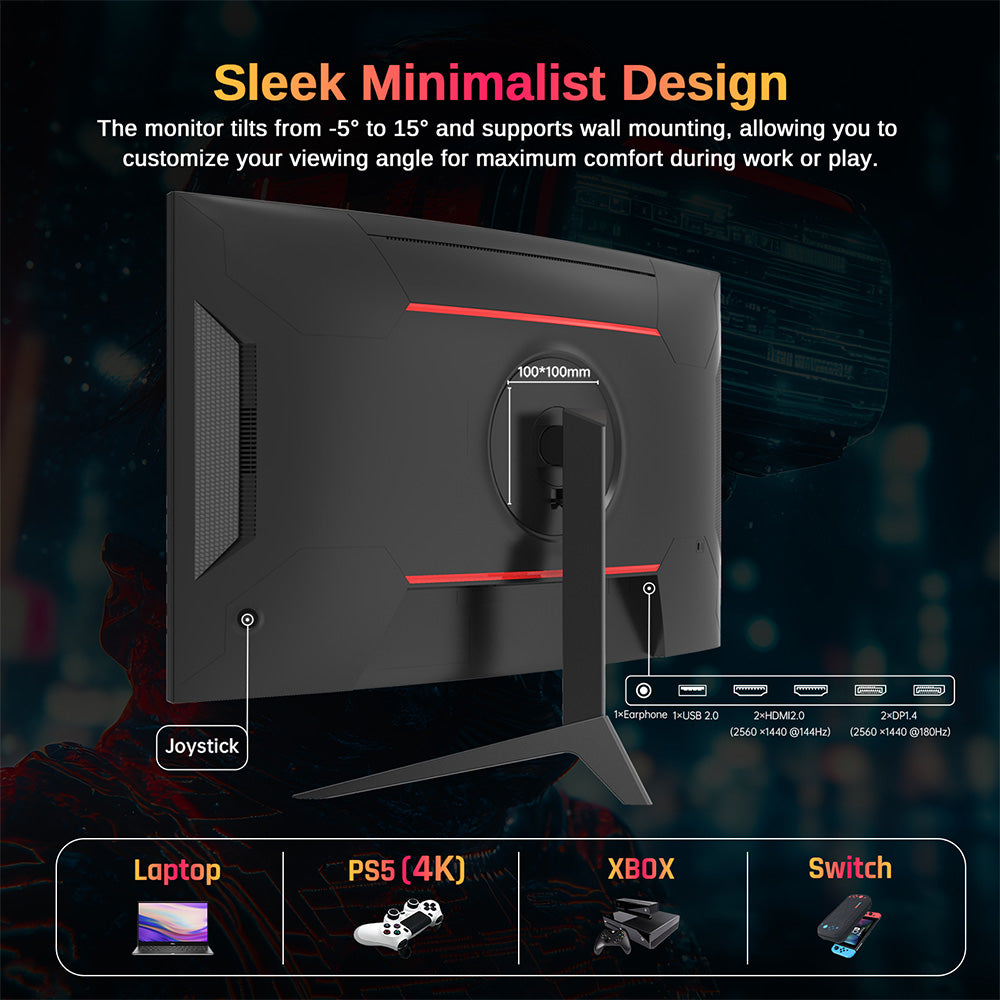 KTC H27S17 27-inch 1500R Curved Gaming Monitor QHD 2560x1440 16:9 ELED 180Hz 120% sRGB 4000:1 Contrast Ratio 1ms MPRT Response Time Low Motion Blur Compatible with FreeSync G-Sync USB 2xHDMI2.0 2xDP1.4 Audio Out VESA Mount