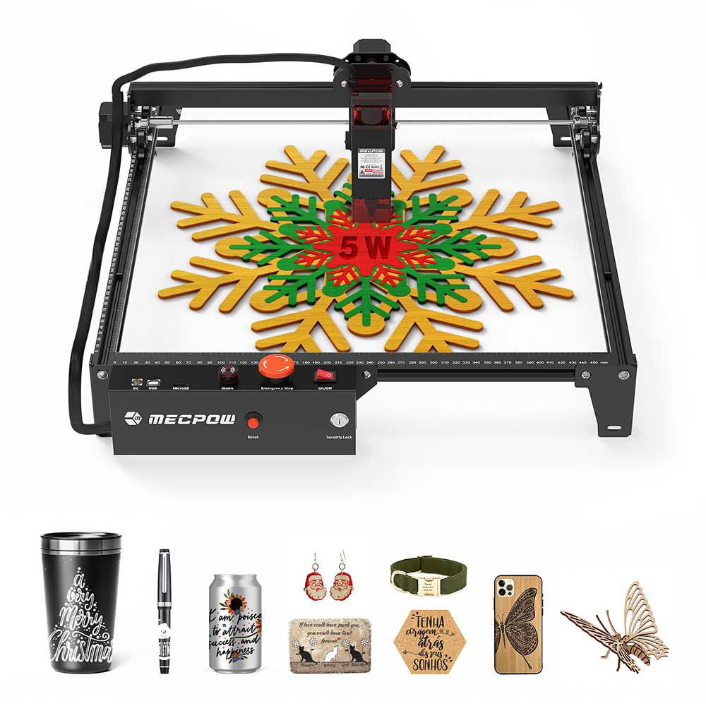 Mecpow X3 Laser Engraver, 5W Laser Power, Fixed-Focus, 0.01mm Accuracy, 10000 mm/min Engraving Speed, Safety Lock, Emergency Stop, Flame Detection, Gyroscope Sensor, 410x400mm