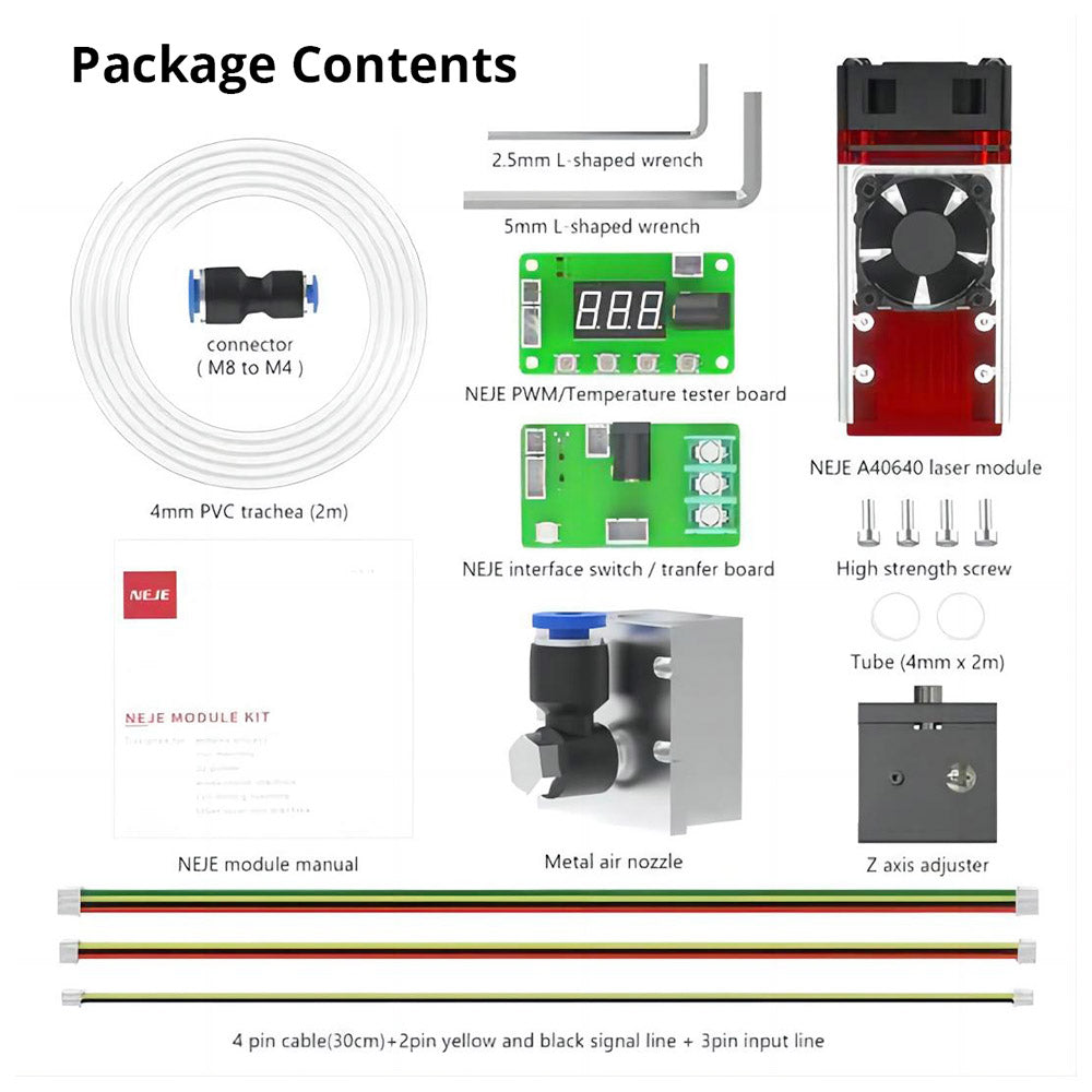 NEJE A40640 12W Laser Module Kit, 0.04*0.06mm Focus Spot, Metal Air Nozzle Module Radiator, FAC Tech 2 x Beam, 20mm Cutting Thickness
