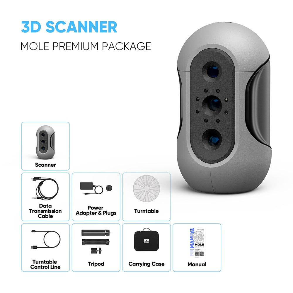 3D skener 3DMakerpro Mole Premium Edition, přesnost 0,05 mm, rozlišení 0,1 mm, snímková frekvence 10 snímků za sekundu, vizuální sledování, skenování obličeje, stabilizace obrazu, rozsah jednoho snímání 200x100 mm, s otočným stolem