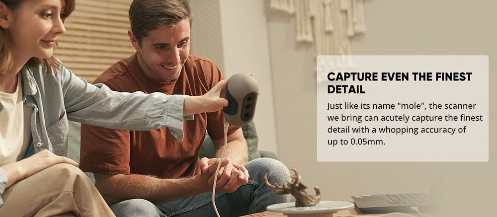 Standardní 3D skener 3DMakerpro Mole, přesnost 0,05 mm, rozlišení 0,1 mm, pracovní vzdálenost 150–400 mm, s multispektrální technologií, podpora skenování obličeje
