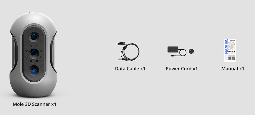 Standardní 3D skener 3DMakerpro Mole, přesnost 0,05 mm, rozlišení 0,1 mm, pracovní vzdálenost 150–400 mm, s multispektrální technologií, podpora skenování obličeje