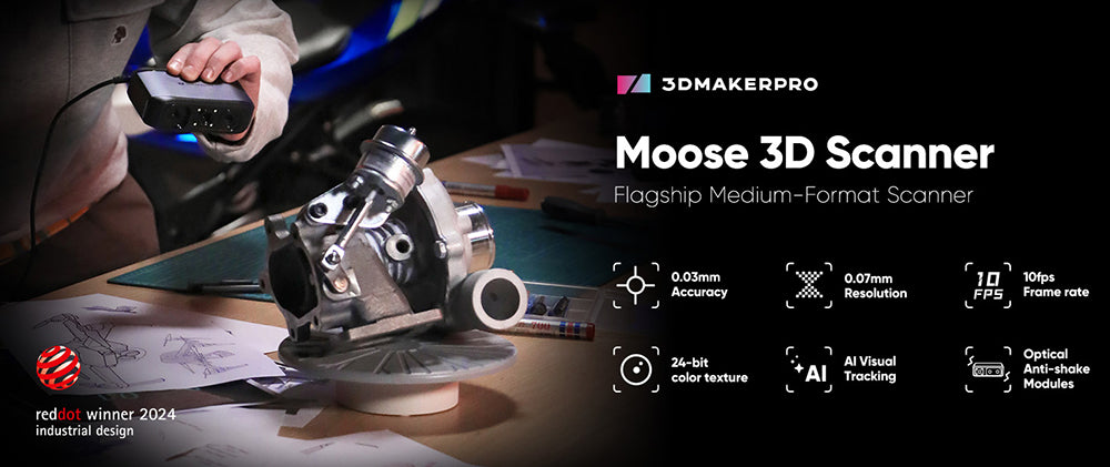 3D skener 3DMakerpro Moose, přesnost 0,03 mm, rozlišení 0,07 mm, modrý LED zdroj světla, 24bitová barevná kamera, vizuální sledování AI, snímková frekvence 10 snímků za sekundu, objektivy s ochranou proti otřesům, kompatibilní s Windows/MacOS