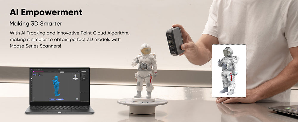 3D skener 3DMakerpro Moose, přesnost 0,03 mm, rozlišení 0,07 mm, modrý LED zdroj světla, 24bitová barevná kamera, vizuální sledování AI, snímková frekvence 10 snímků za sekundu, objektivy s ochranou proti otřesům, kompatibilní s Windows/MacOS