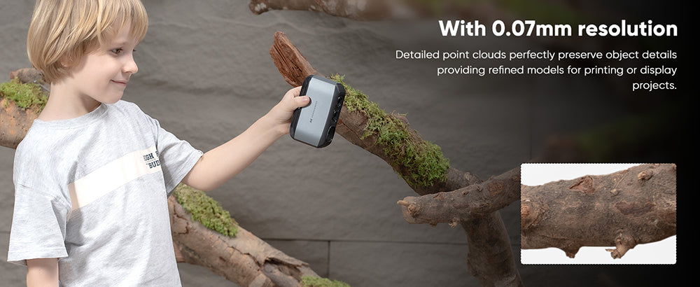 3D skener 3DMakerpro Moose, přesnost 0,03 mm, rozlišení 0,07 mm, modrý LED zdroj světla, 24bitová barevná kamera, vizuální sledování AI, snímková frekvence 10 snímků za sekundu, objektivy s ochranou proti otřesům, kompatibilní s Windows/MacOS