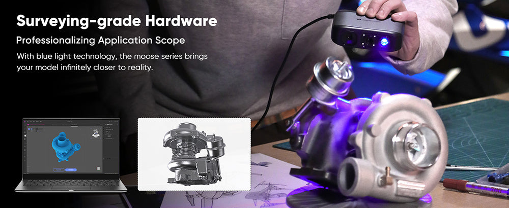 3D skener 3DMakerpro Moose, přesnost 0,03 mm, rozlišení 0,07 mm, modrý LED zdroj světla, 24bitová barevná kamera, vizuální sledování AI, snímková frekvence 10 snímků za sekundu, objektivy s ochranou proti otřesům, kompatibilní s Windows/MacOS