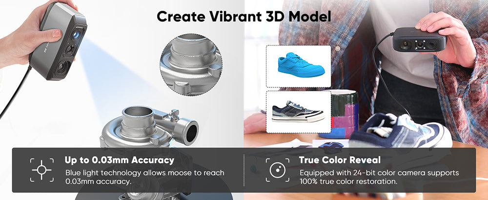 3D skener 3DMakerpro Moose, přesnost 0,03 mm, rozlišení 0,07 mm, modrý LED zdroj světla, 24bitová barevná kamera, vizuální sledování AI, snímková frekvence 10 snímků za sekundu, objektivy s ochranou proti otřesům, kompatibilní s Windows/MacOS
