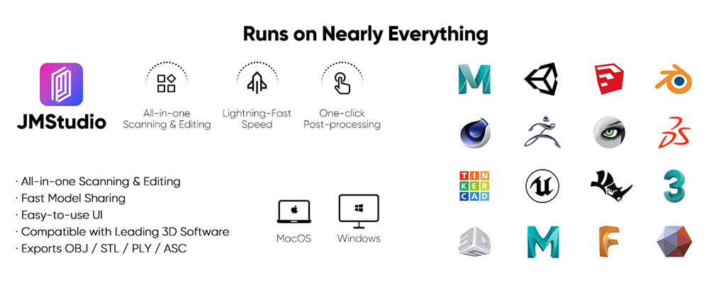 3D skener 3DMakerpro Moose, přesnost 0,03 mm, rozlišení 0,07 mm, modrý LED zdroj světla, 24bitová barevná kamera, vizuální sledování AI, snímková frekvence 10 snímků za sekundu, objektivy s ochranou proti otřesům, kompatibilní s Windows/MacOS