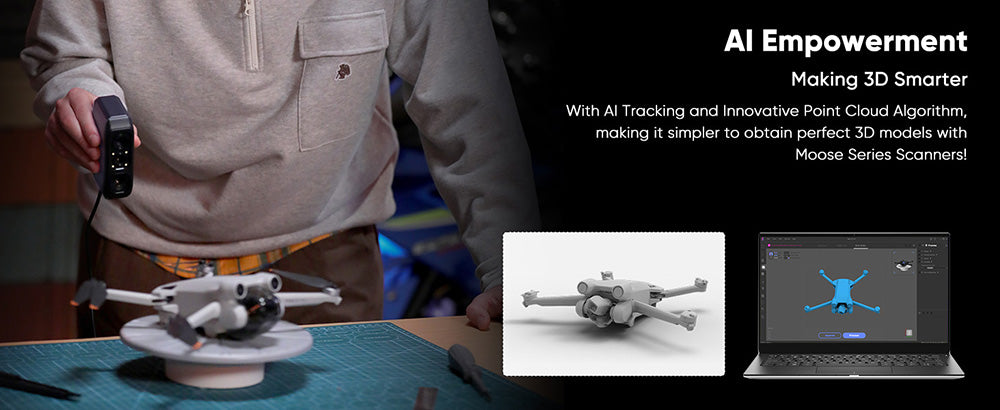 3D skener 3DMakerpro Moose Lite, přesnost 0,05 mm, rozlišení 0,10 mm, zdroj světla NIR, 24bitová barevná kamera, vizuální sledování AI, snímková frekvence 10 snímků za sekundu, objektivy s ochranou proti otřesům, kompatibilní s Windows/MacOS