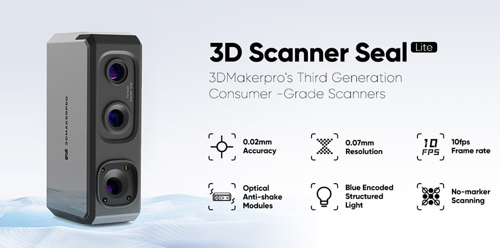 3D skener 3DMakerpro Seal Lite, přesnost 0,02 mm, rozlišení 0,07 mm, objektivy s ochranou proti otřesům, snímková frekvence 10 snímků za sekundu, vizuální sledování