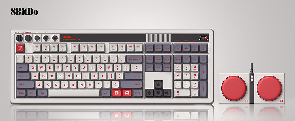 Mechanická klávesnice 8BitDo Retro 108, 108 kláves, vyměnitelná deska plošných spojů za provozu, 3 režimy připojení, bezdrátová herní klávesnice pro Windows a Android - červená