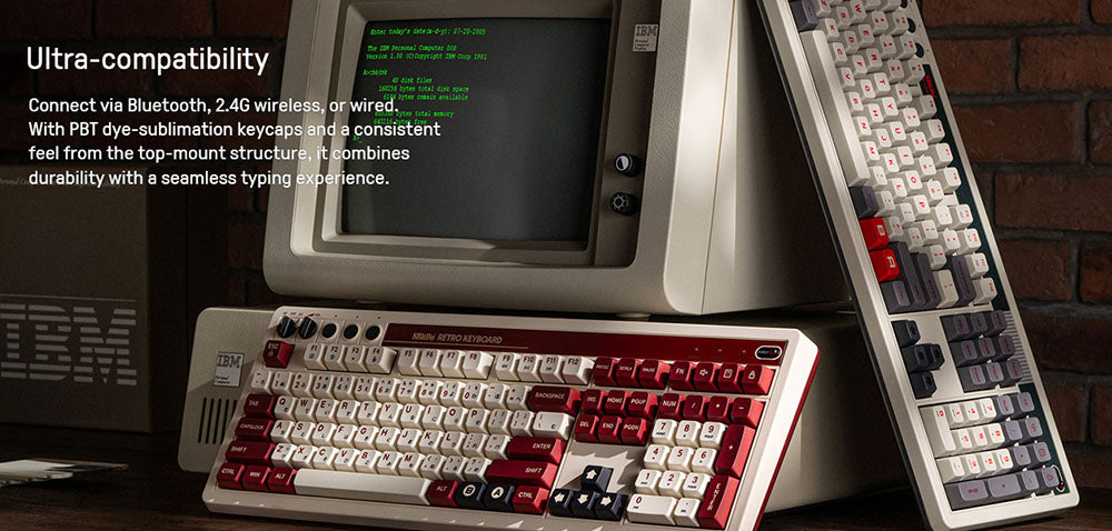 Mechanická klávesnice 8BitDo Retro 108, 108 kláves, vyměnitelná deska plošných spojů za provozu, 3 režimy připojení, bezdrátová herní klávesnice pro Windows a Android - červená