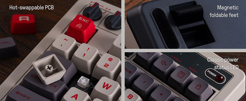 8BitDo Retro 108 Mechanická klávesnice, 108 kláves, hot-swappable PCB, 3 režimy připojení, bezdrátová herní klávesnice pro Windows a Android - červená
