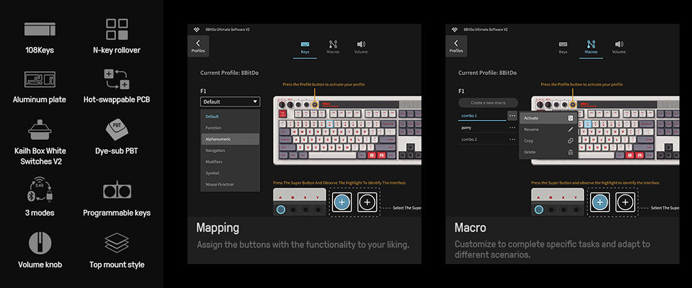 Mechanická klávesnice 8BitDo Retro 108, 108 kláves, vyměnitelná deska plošných spojů za provozu, 3 režimy připojení, bezdrátová herní klávesnice pro Windows a Android - červená