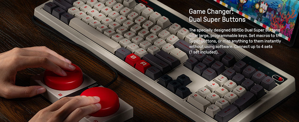 Mechanická klávesnice 8BitDo Retro 108, 108 kláves, vyměnitelná deska plošných spojů za provozu, 3 režimy připojení, bezdrátová herní klávesnice pro Windows a Android - červená