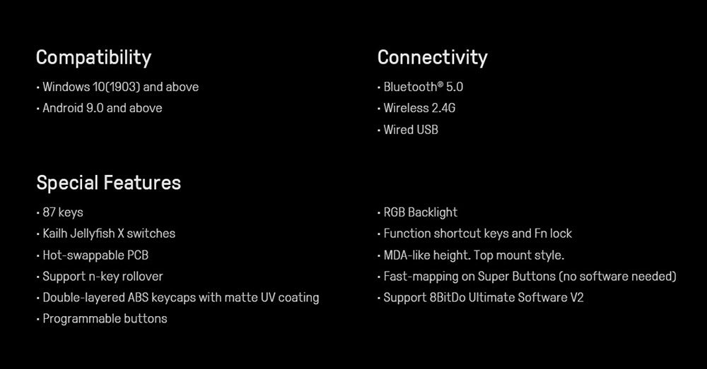 8BitDo Retro 87 Mechanická klávesnice Xbox Edition, 87 kláves, RGB podsvícení, vyměnitelná deska plošných spojů za provozu, připojení Bluetooth/2.4G/USB-C, bezdrátová herní klávesnice pro Windows a Android