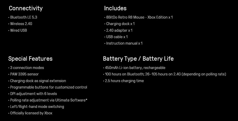 8BitDo Retro R8 Xbox Edition, 3 režimy připojení, vestavěná se senzorem PAW 3395, programovatelná tlačítka