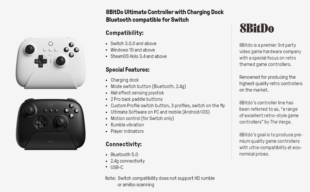 Herní ovladač 8Bitdo Ultimate s nabíjecí stanicí, joystickem s Hallovým senzorem, kompatibilním se Switch, Windows a Steam Deck - bílý