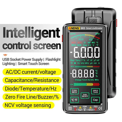 ANENG 683 Digital Multimeter, AC/DC Voltage Current Tester, 6000 Counts, Rechargeable Battery, Auto Range, Smart Touch Screen, Flashlight Lighting - Black