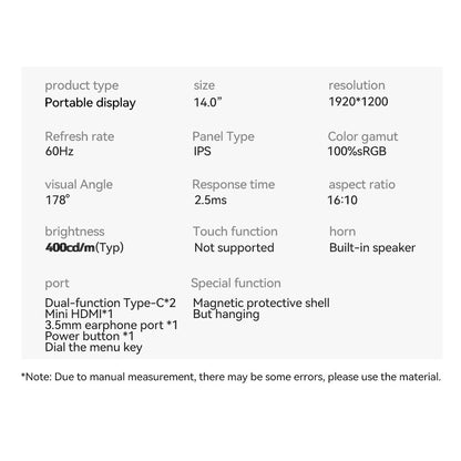 AOSIMAN L140FPC 14&#39;&#39; Ultra Slim Portable Monitor 1920x1200, 16:10 Ratio Resolution Double Blind Plug for Laptop, PC, Phone