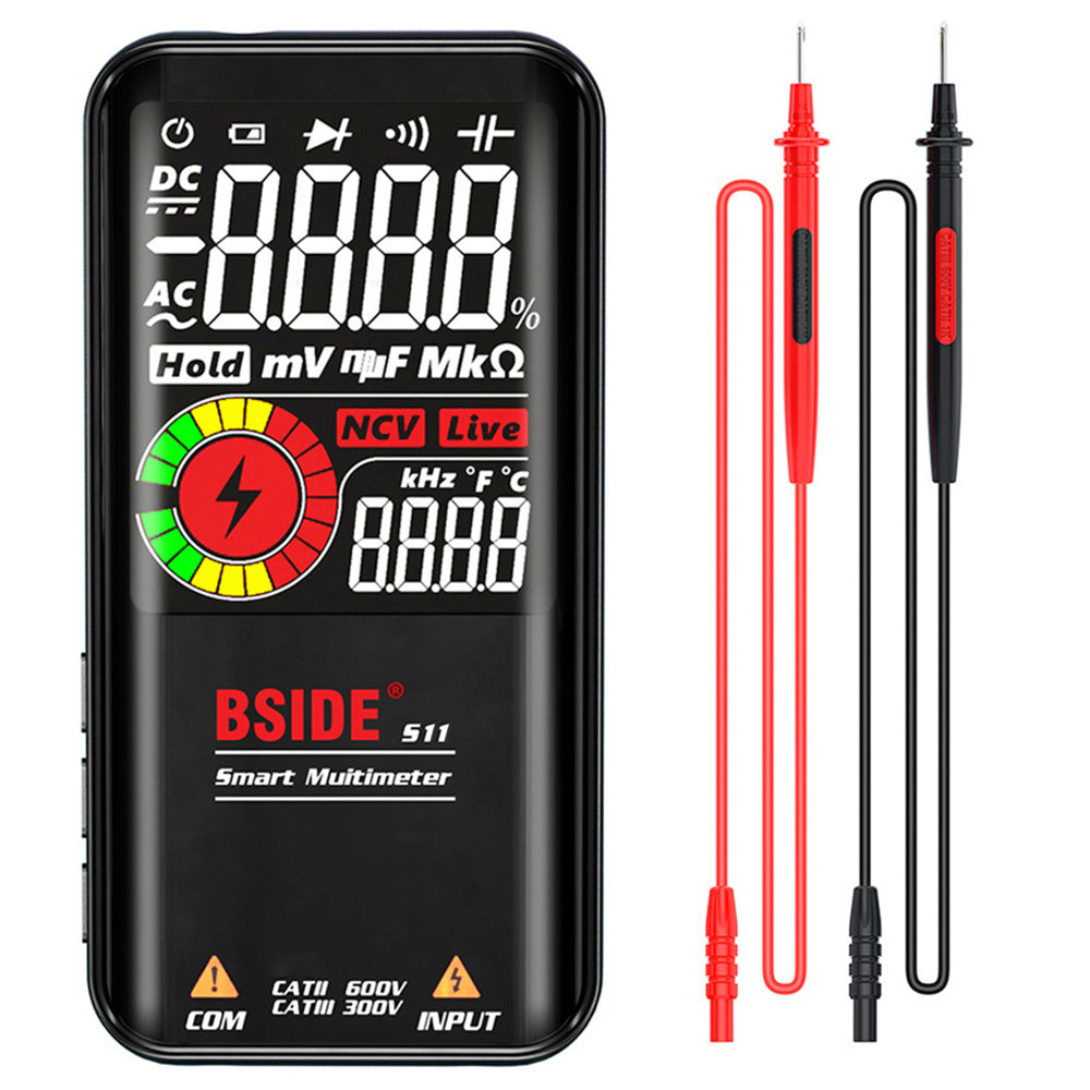 BSIDE S11 Digital Multimeter, Smart Electrician Tester, USB Charge, EBTN Color Display, T-RMS 9999 Counts, DC AC Voltage Capacitor Ohm Diode Tester, Black - with Battery