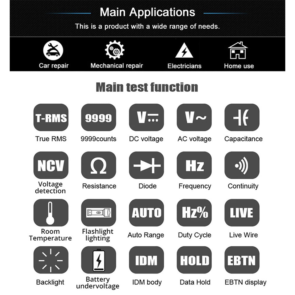 BSIDE S11 Digital Multimeter, Smart Electrician Tester, USB Charge, EBTN Color Display, T-RMS 9999 Counts, DC AC Voltage Capacitor Ohm Diode Tester, Black - with Battery