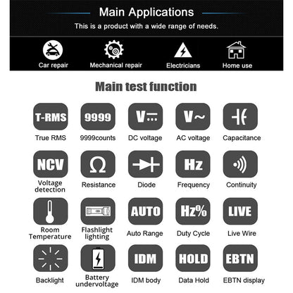 BSIDE S11 Digital Multimeter, Smart Electrician Tester, USB Charge, EBTN Color Display, T-RMS 9999 Counts, DC AC Voltage Capacitor Ohm Diode Tester, Black - with Battery
