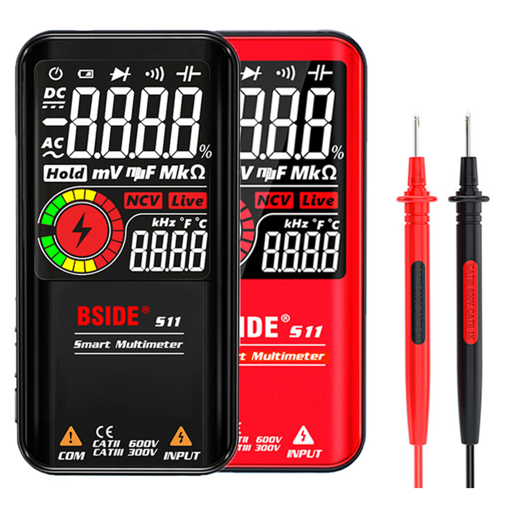 BSIDE S11 Digital Multimeter, Smart Electrician Tester, USB Charge, EBTN Color Display, T-RMS 9999 Counts, DC AC Voltage Capacitor Ohm Diode Tester, Black - with Battery